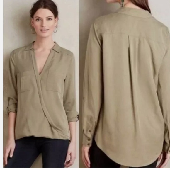 Anthropologie Holding Horses Army Green Celina Faux Wrap Blouse - Picture 1 of 3